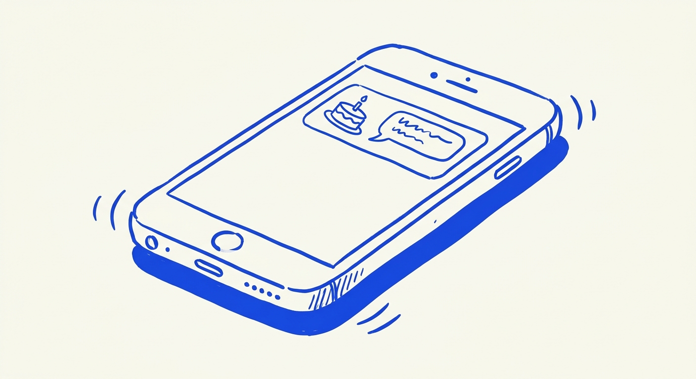 A smartphone lying flat and buzzing, screen lit up with a push notification showing a cake icon and a message bubble