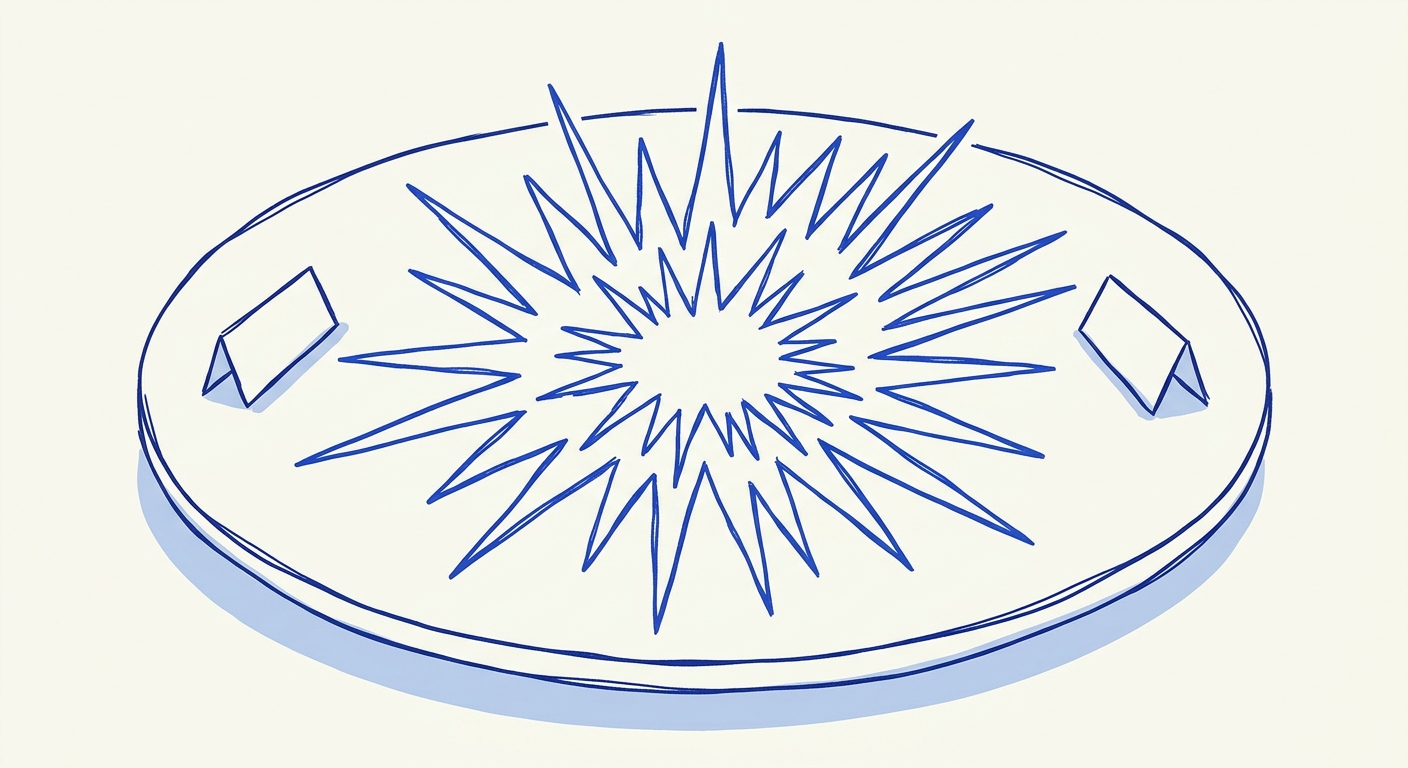 A round dinner table seen from above with a starburst explosion radiating from its center, two place cards on opposite sides